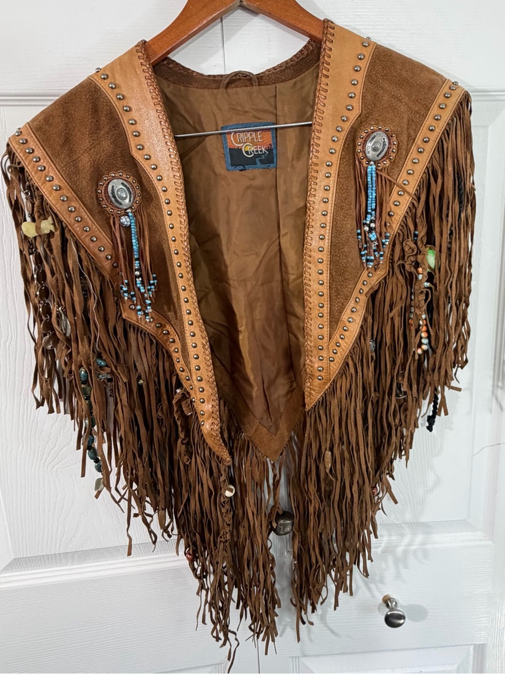 Vintage authentic Cripple Creek Shawl Vest Leather Fringe Hand Beaded Studded